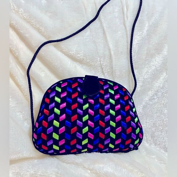Handbags - Retro Black clamshell bag with geometric multi color pattern